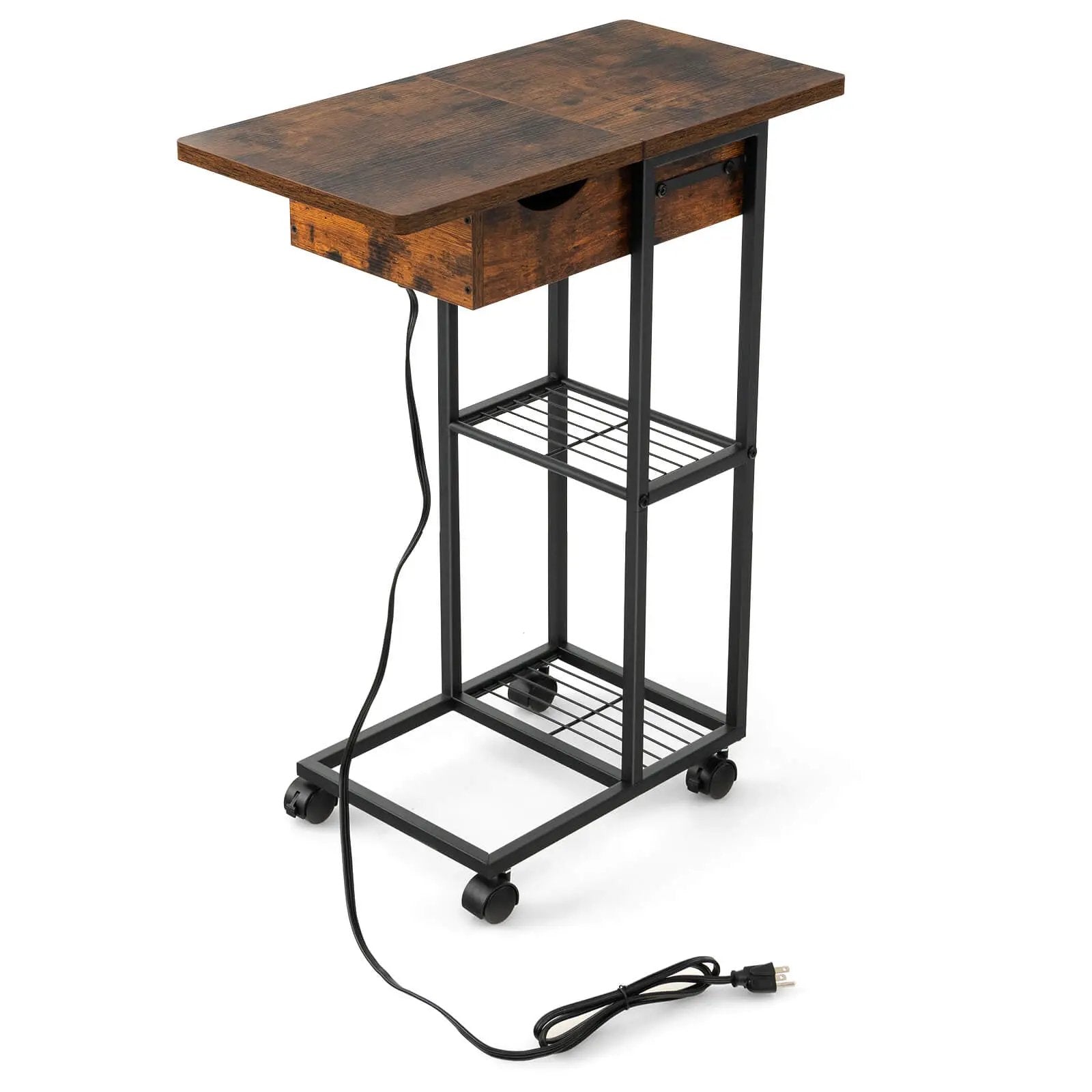 C-Shaped End Side Table with Charging Station and Wheels-Rustic Brown by DirectDeals