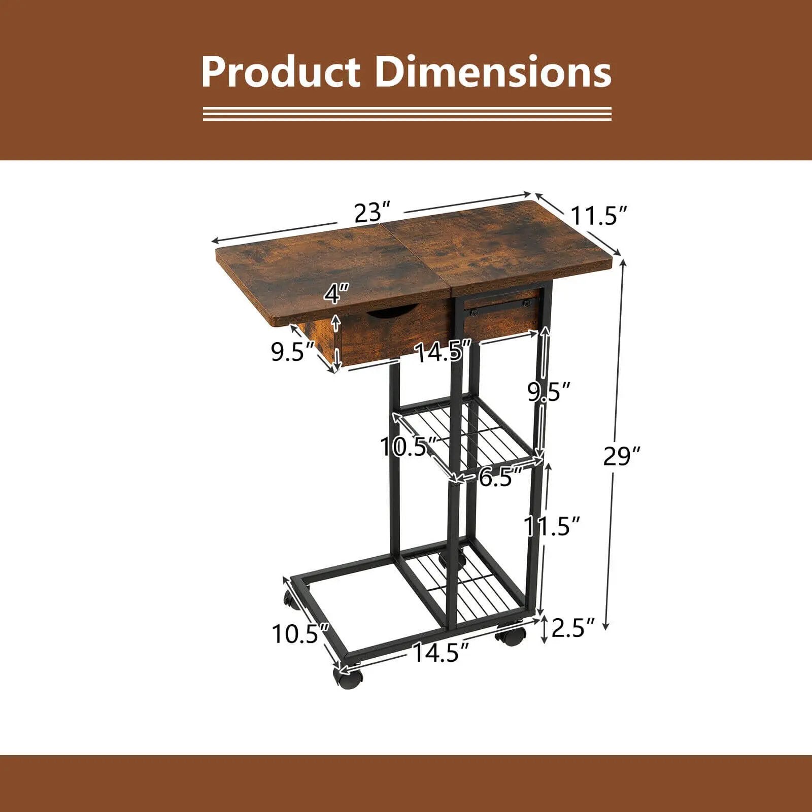 C-Shaped End Side Table with Charging Station and Wheels-Rustic Brown by DirectDeals