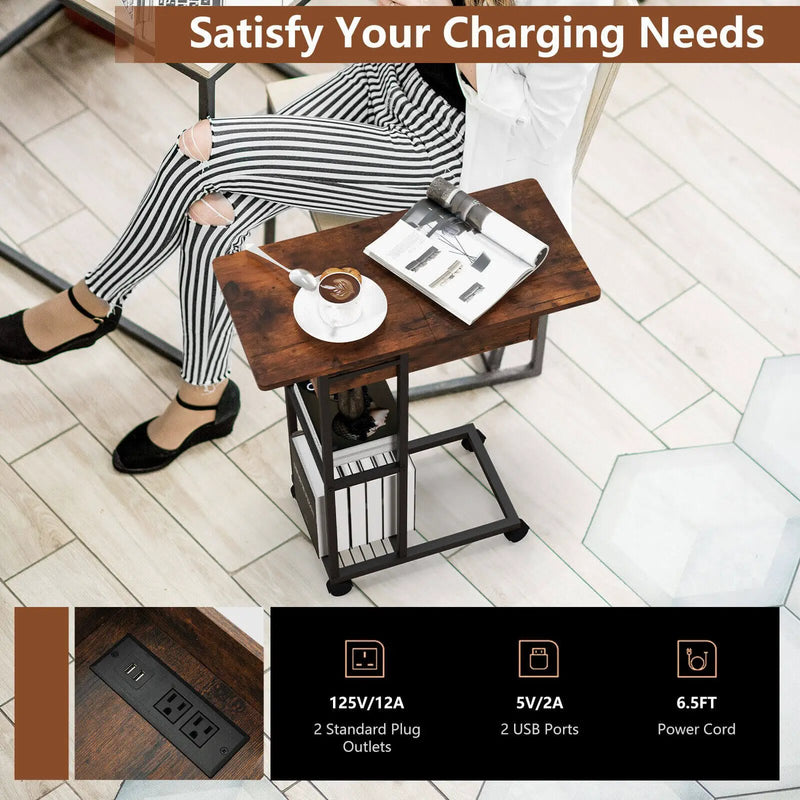 C-Shaped End Side Table with Charging Station and Wheels-Rustic Brown by DirectDeals
