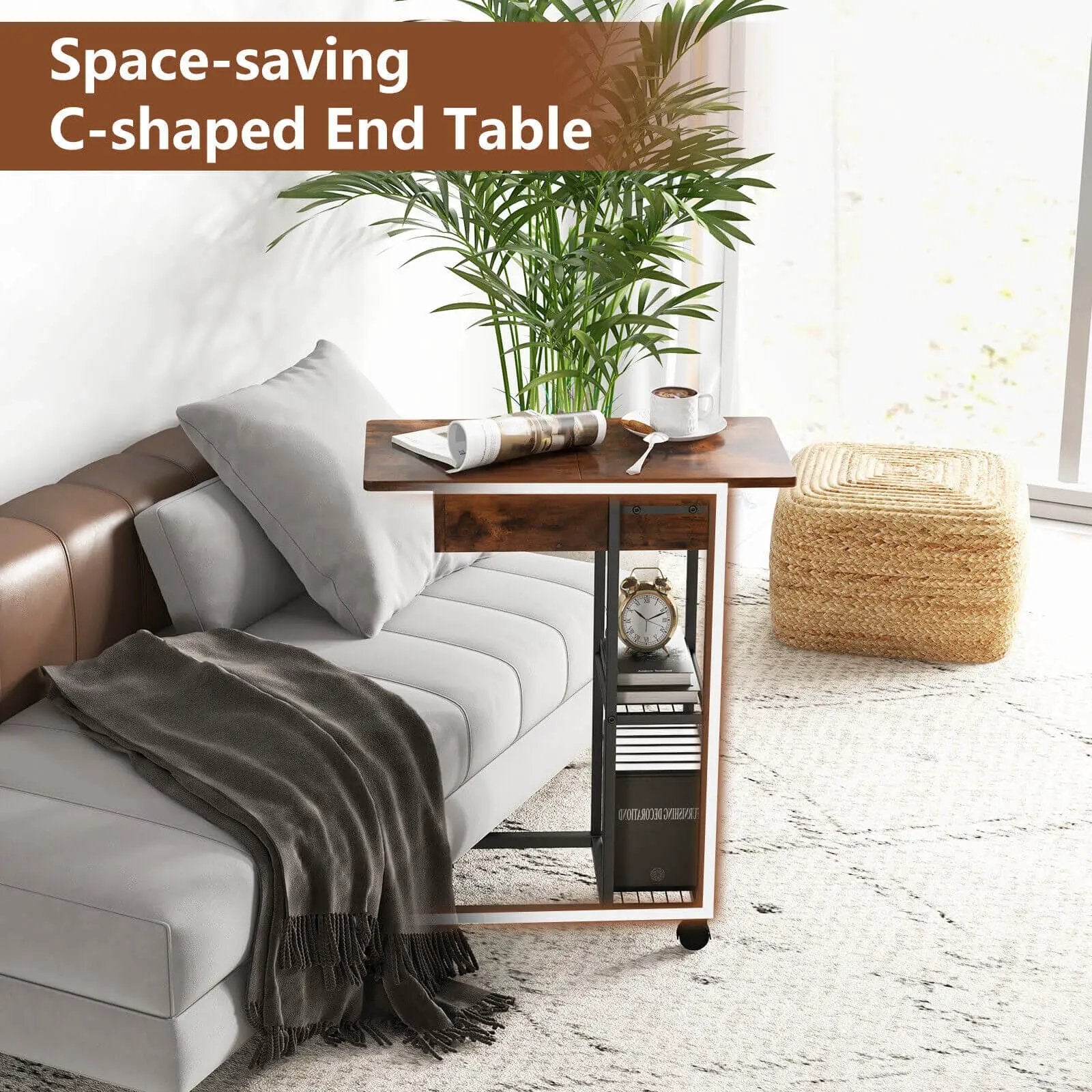 C-Shaped End Side Table with Charging Station and Wheels-Rustic Brown by DirectDeals