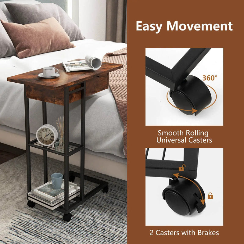 C-Shaped End Side Table with Charging Station and Wheels-Rustic Brown by DirectDeals