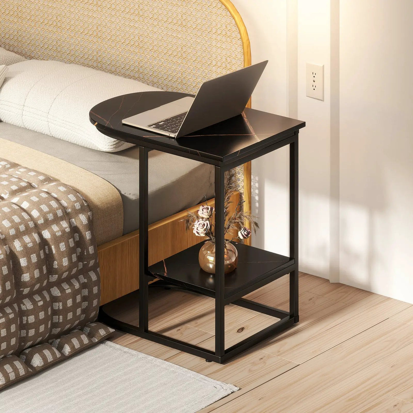C-shaped Modern Sofa Side Table with Faux Marble Tabletop and Storage Shelf by DirectDeals