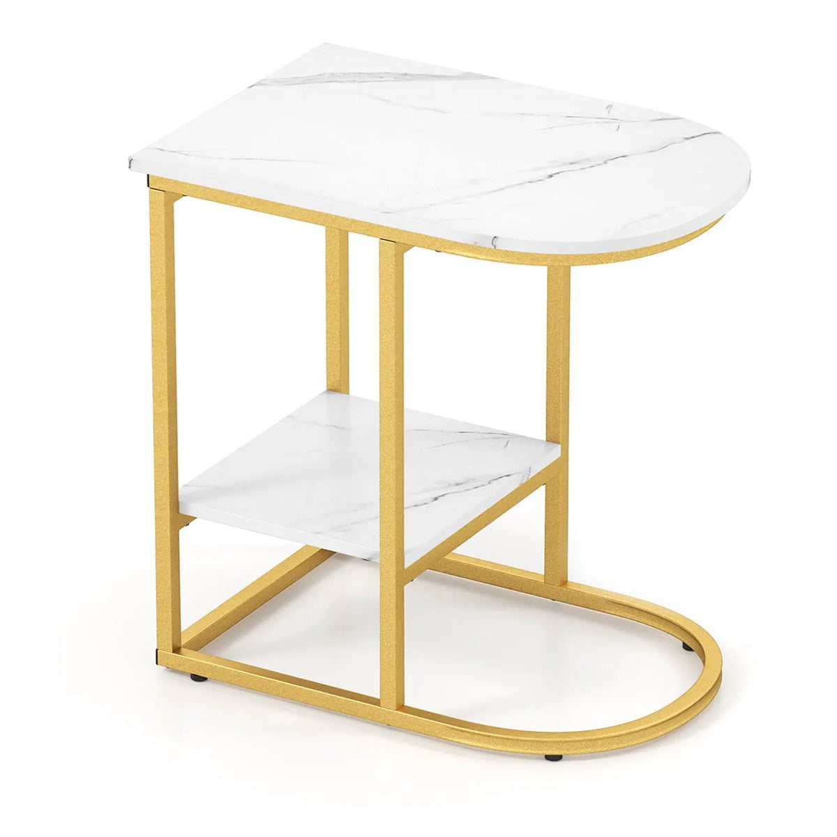 C-shaped Modern Sofa Side Table with Faux Marble Tabletop and Storage Shelf by DirectDeals