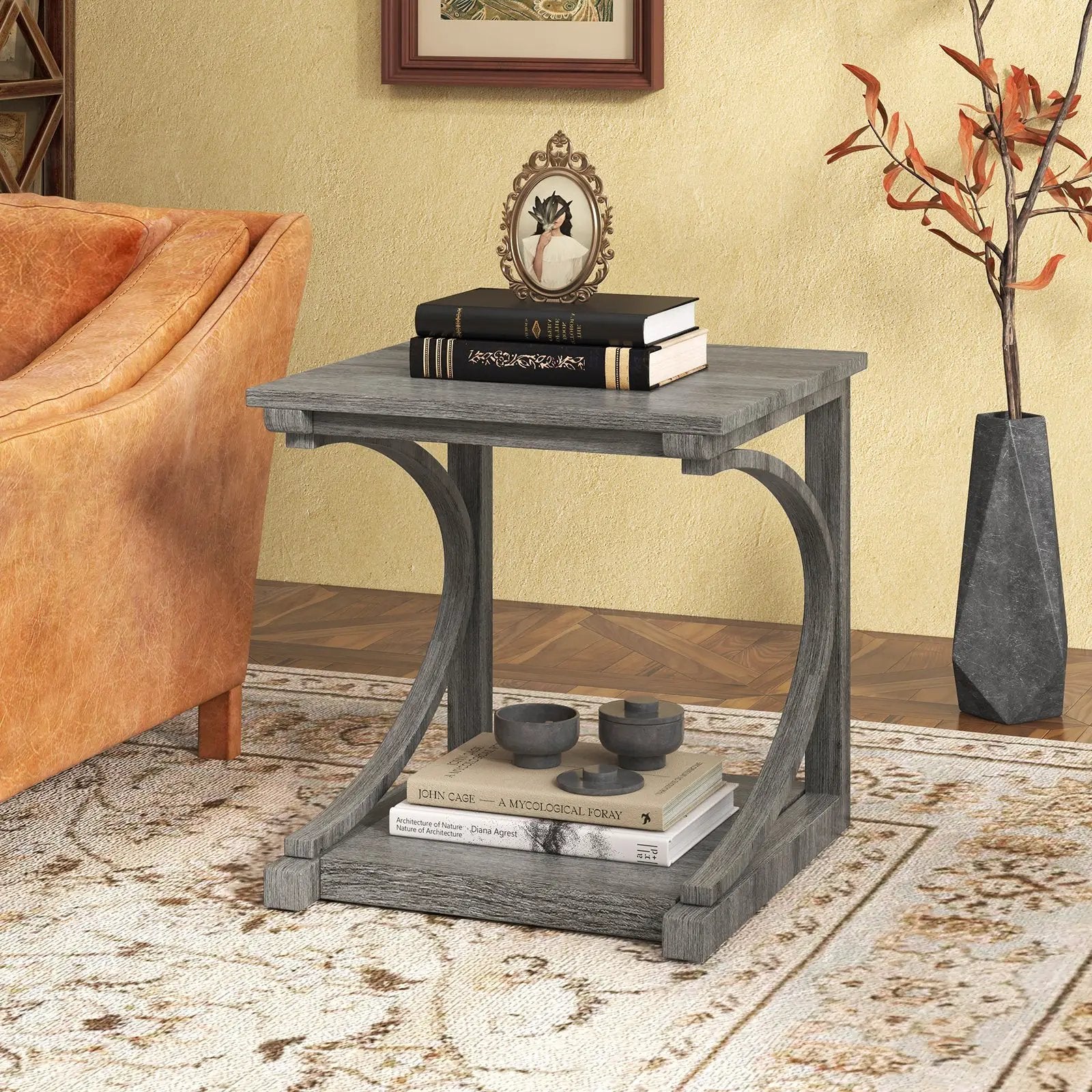 C-shaped 24 Inch 2 Tier Square End Table Sofa Side Table-Grey by DirectDeals