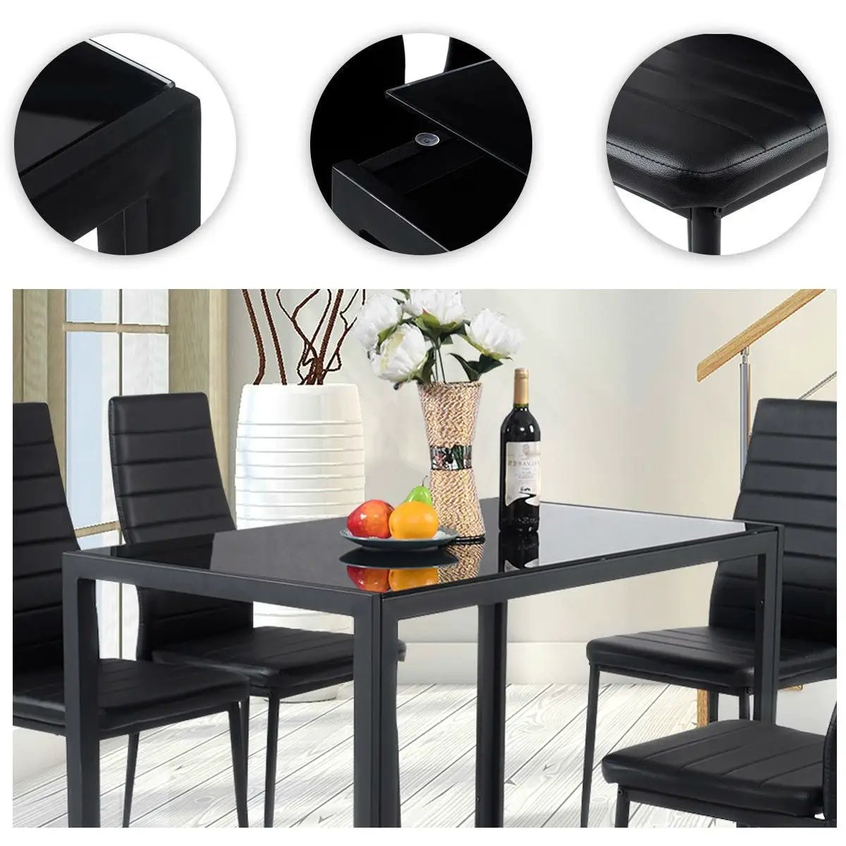 5 Piece Black Glass Tabletop Dining Set With Soft Leather Chairs by HomePacific