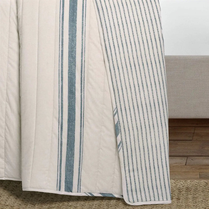 California King Blue Off-White Cream Stripe 3 Piece Reversible Cotton Quilt Set by HomePacific