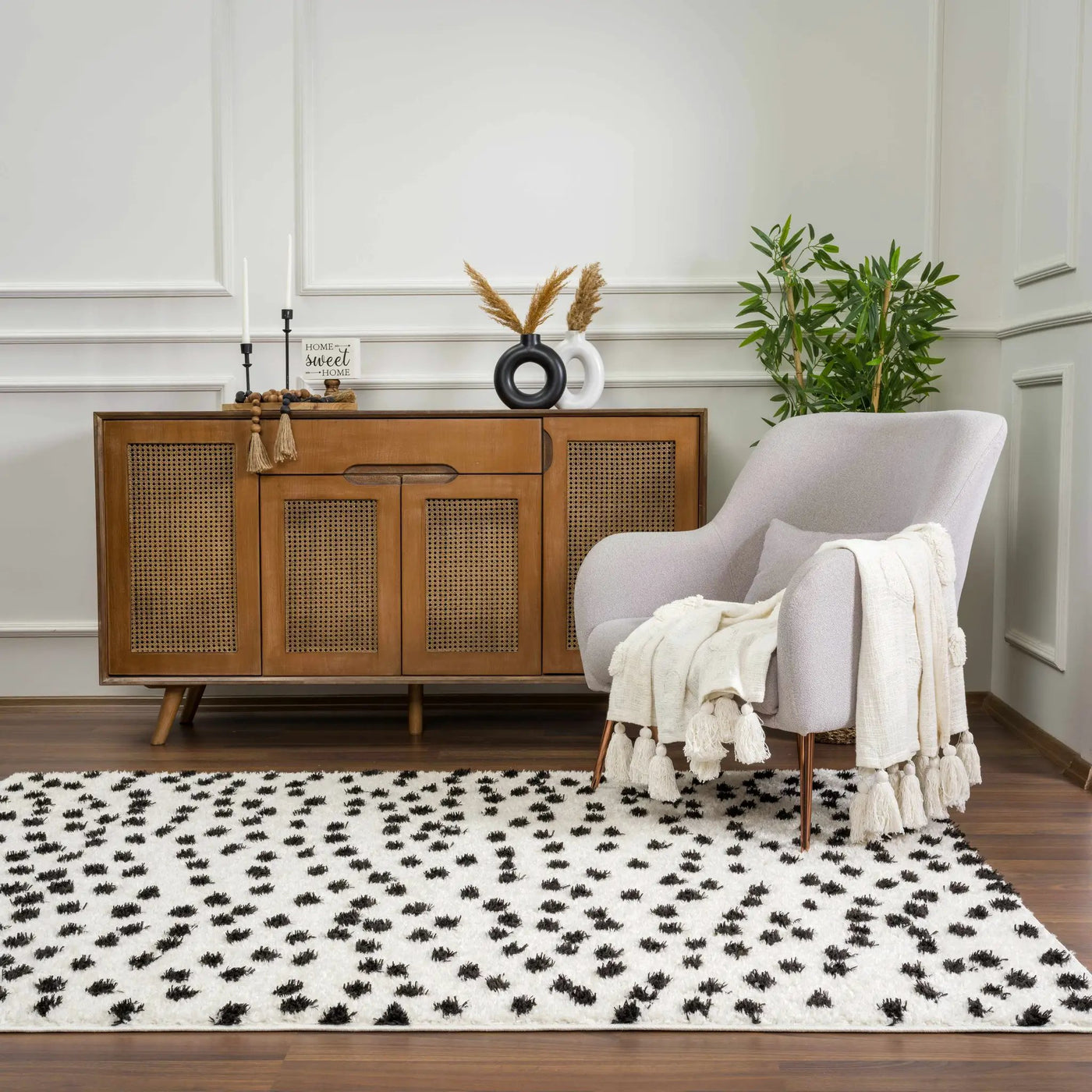 Cansu Black & White Dotted Area Rug by Hauteloom