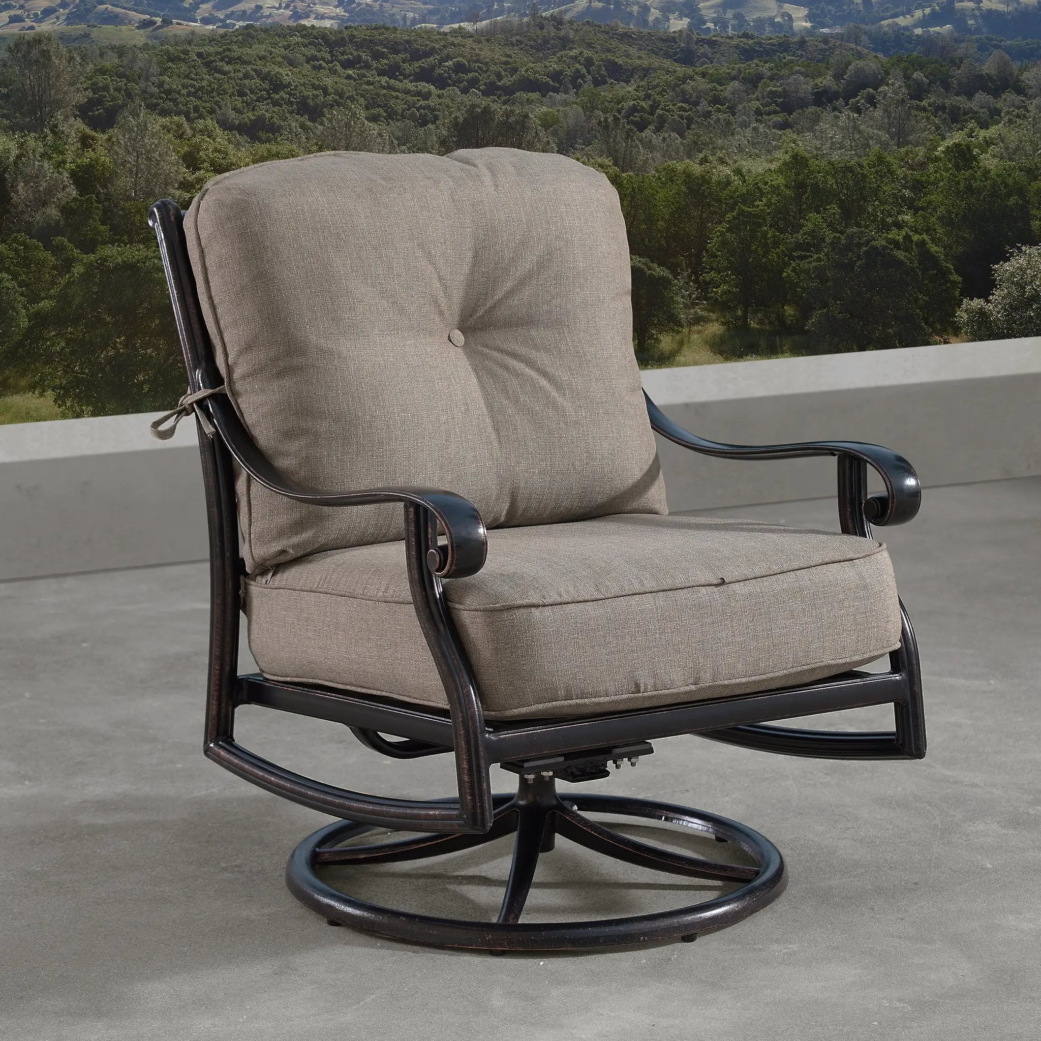 Aluminum Ornate Deep Seating Swivel Rocking Club Chairs Tan Cushions by Sharicks