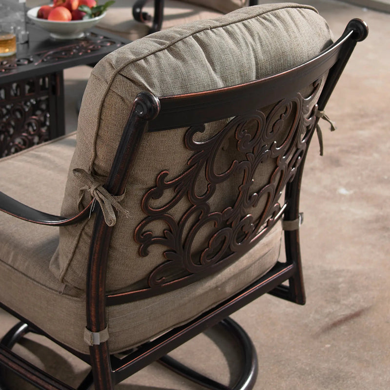Aluminum Ornate Deep Seating Swivel Rocking Club Chairs Tan Cushions by Sharicks