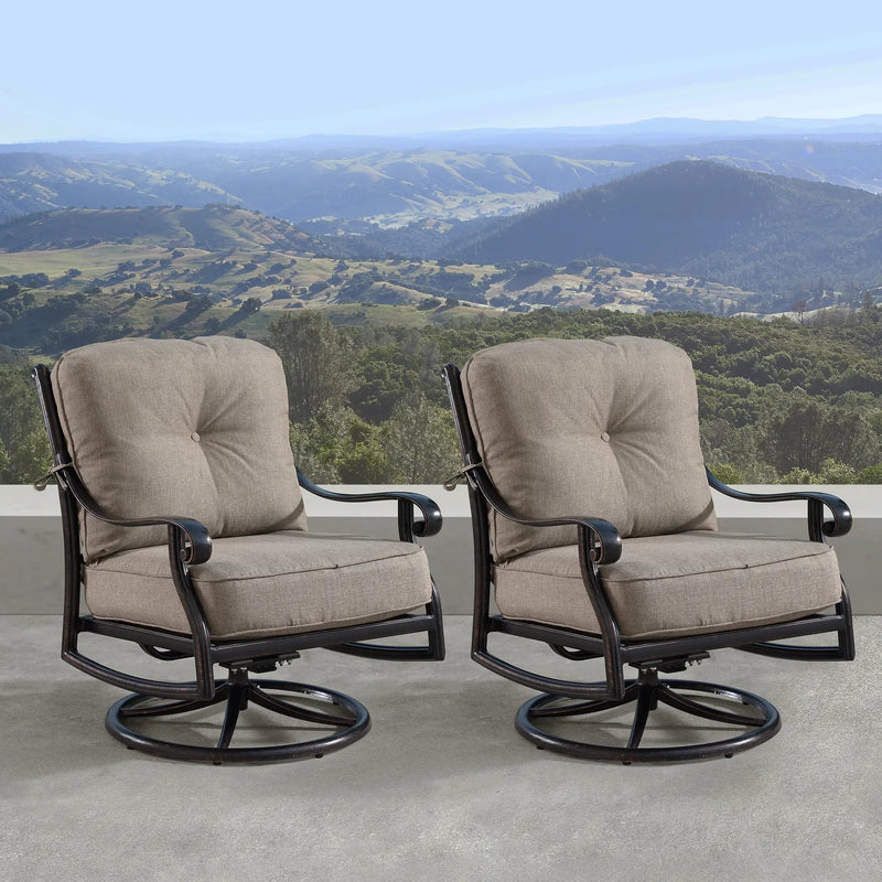 Aluminum Ornate Deep Seating Swivel Rocking Club Chairs Tan Cushions by Sharicks