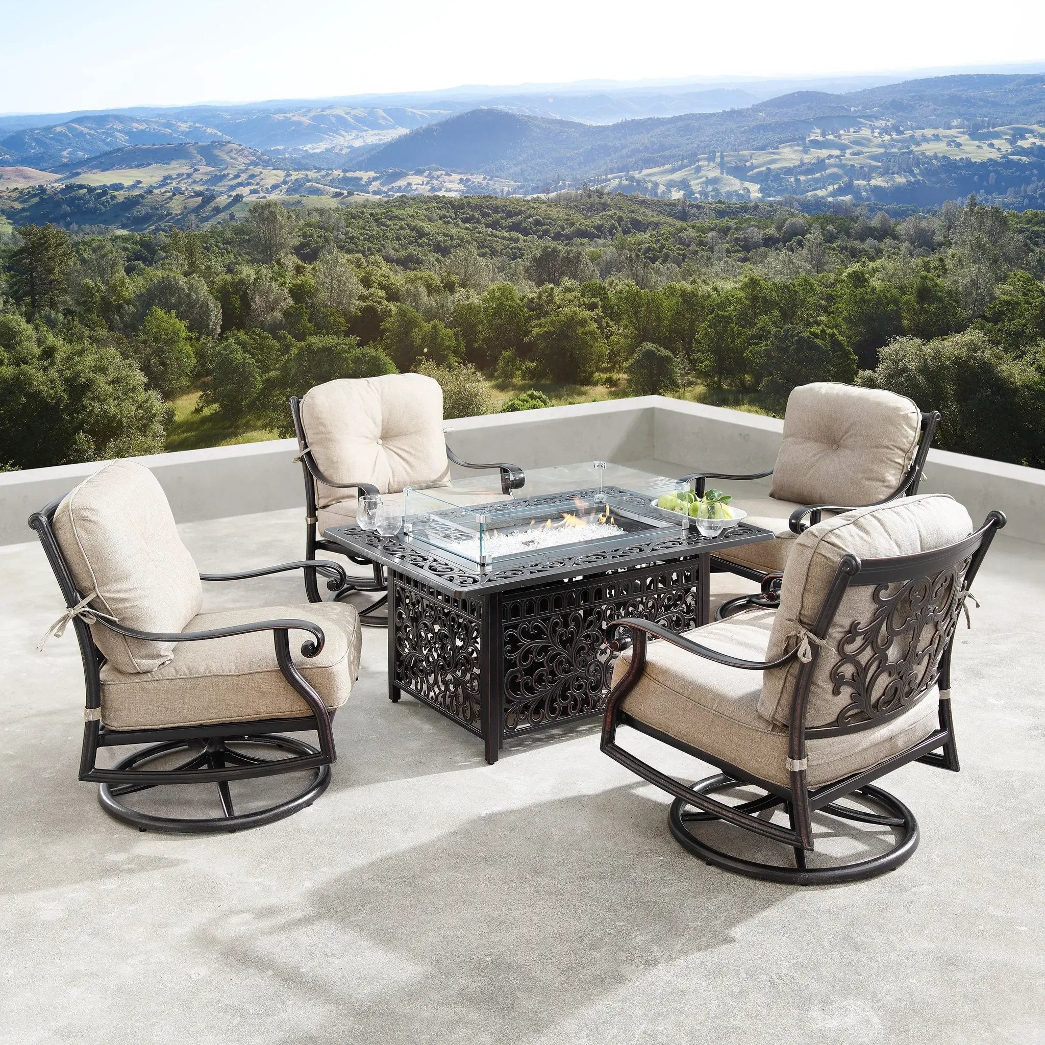 Aluminum Ornate Deep Seating Swivel Rocking Club Chairs Tan Cushions by Sharicks