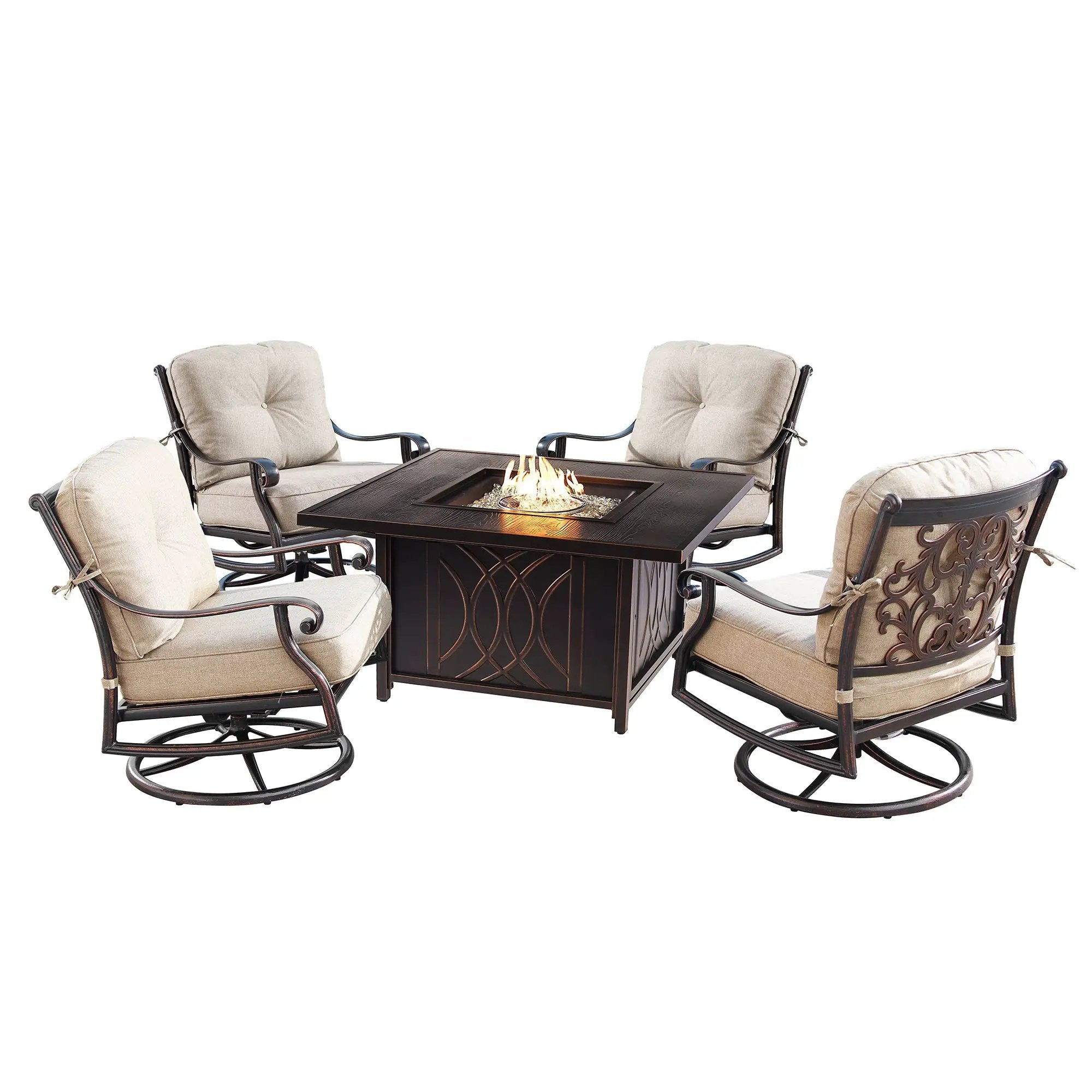 Aluminum 42-in Square Patio Fire Table Set with Swivel Rocking Chairs by Sharicks