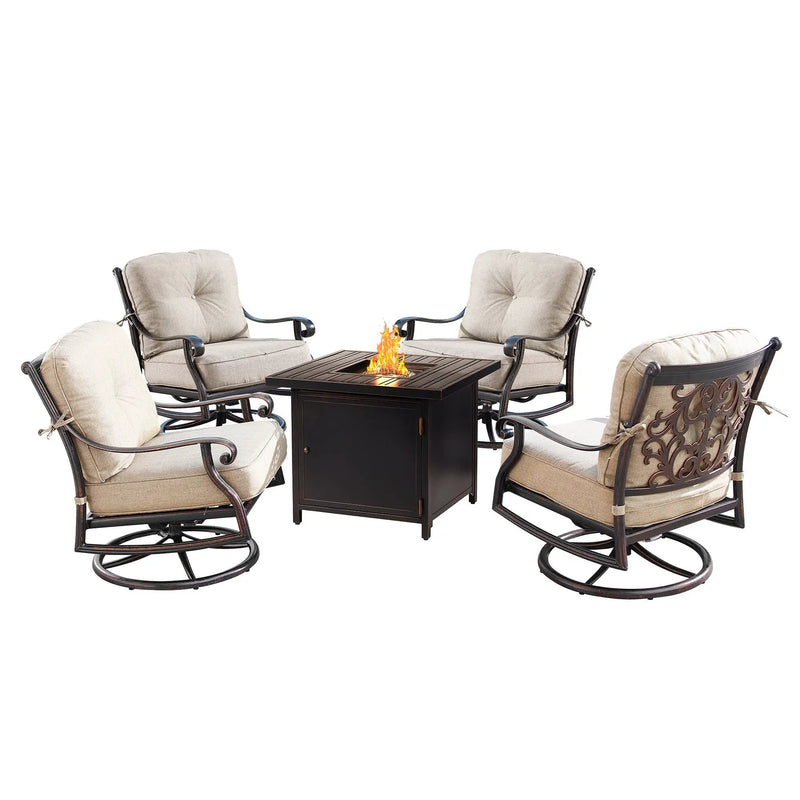 Aluminum 32-in Square Patio Fire Table Set with Swivel Rocking Chairs by Sharicks