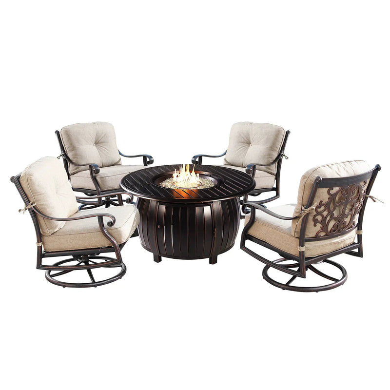 Aluminum 44-in Round Patio Fire Table Set with Swivel Rocking Chairs by Sharicks