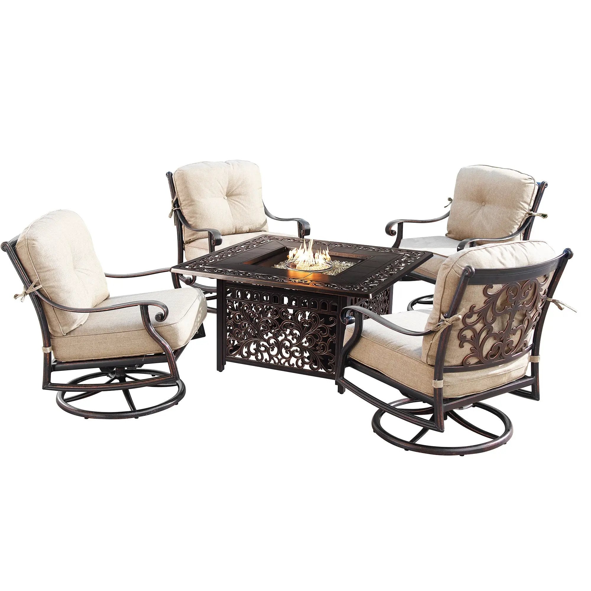 Aluminum 42-in Square Patio Fire Table Set with Swivel Rocking Chairs by Sharicks