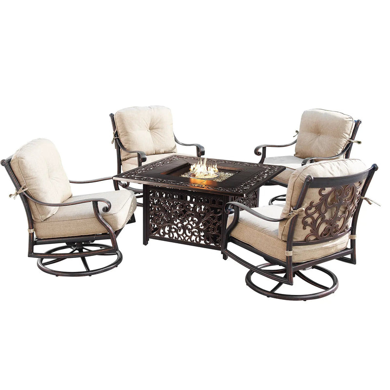 Aluminum 42-in Square Patio Fire Table Set with Swivel Rocking Chairs by Sharicks