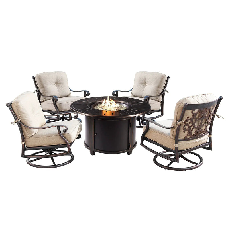 Aluminum 44-in Round Patio Fire Table Set with Swivel Rocking Chairs by Sharicks