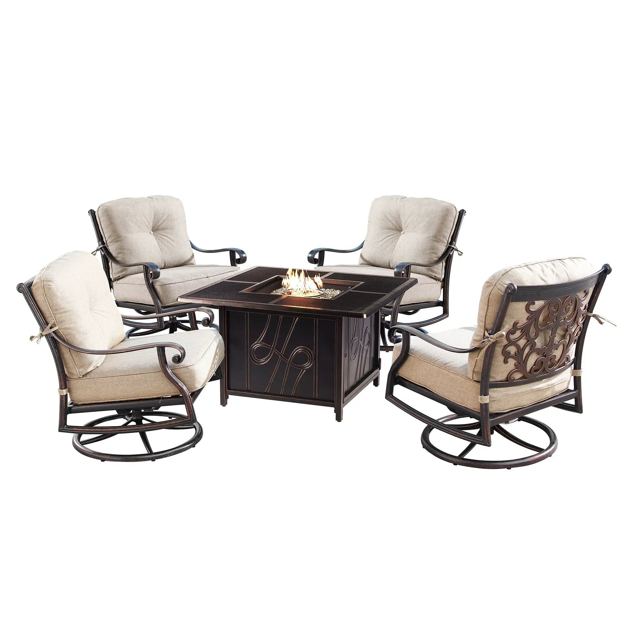 Aluminum 42-in Square Patio Fire Table Set with Swivel Rocking Chairs by Sharicks