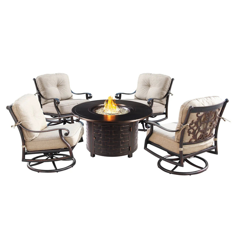 Aluminum 44-in Round Patio Fire Table Set with Swivel Rocking Chairs by Sharicks