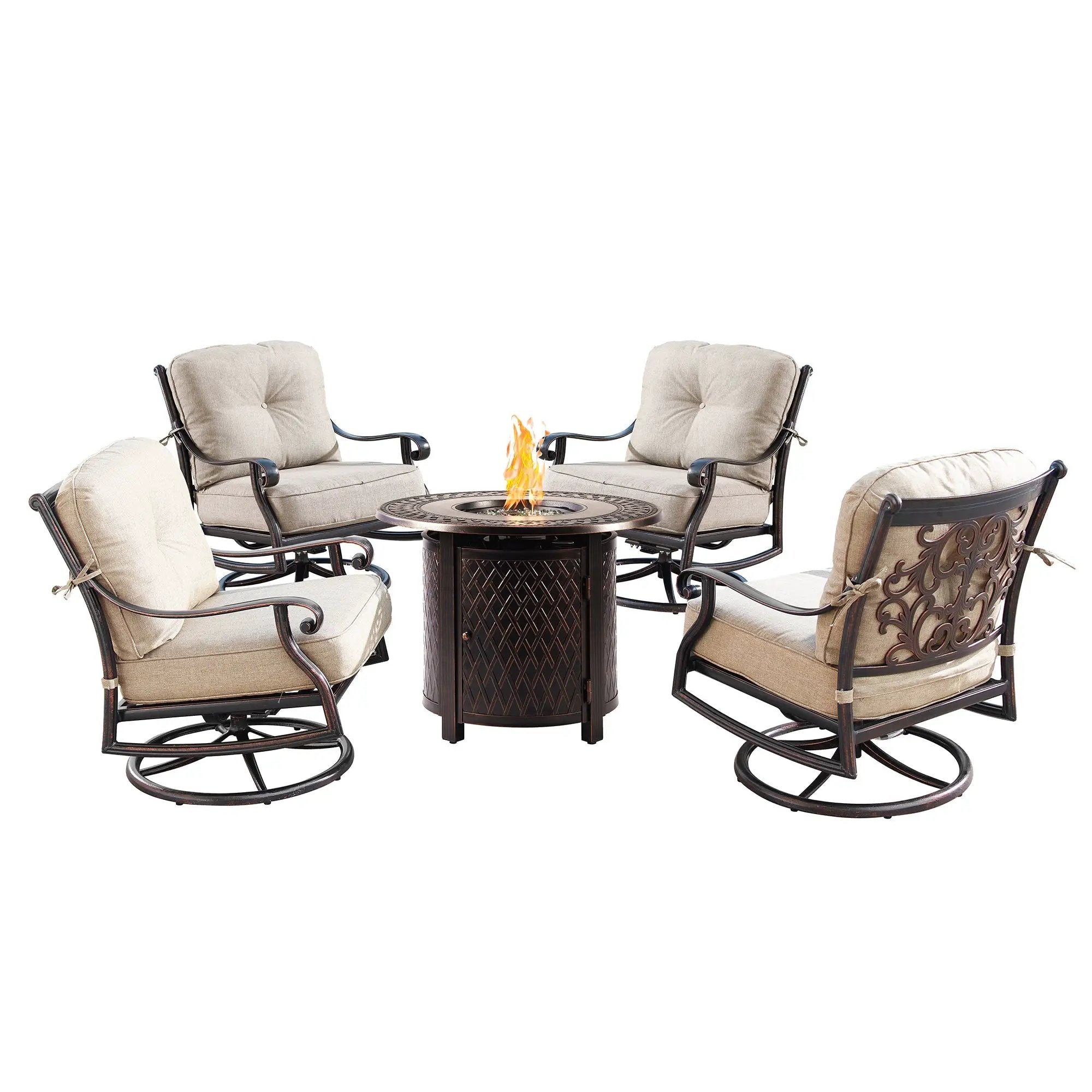 Aluminum 34-in Round Patio Fire Table Set with Swivel Rocking Chairs by Sharicks