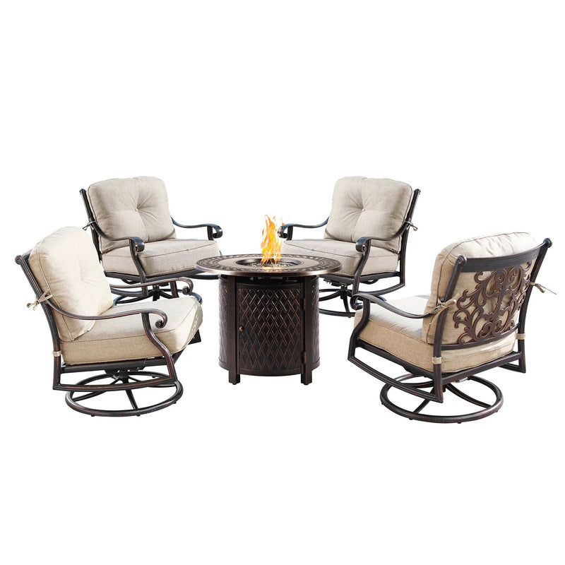 Aluminum 34-in Round Patio Fire Table Set with Swivel Rocking Chairs by Sharicks