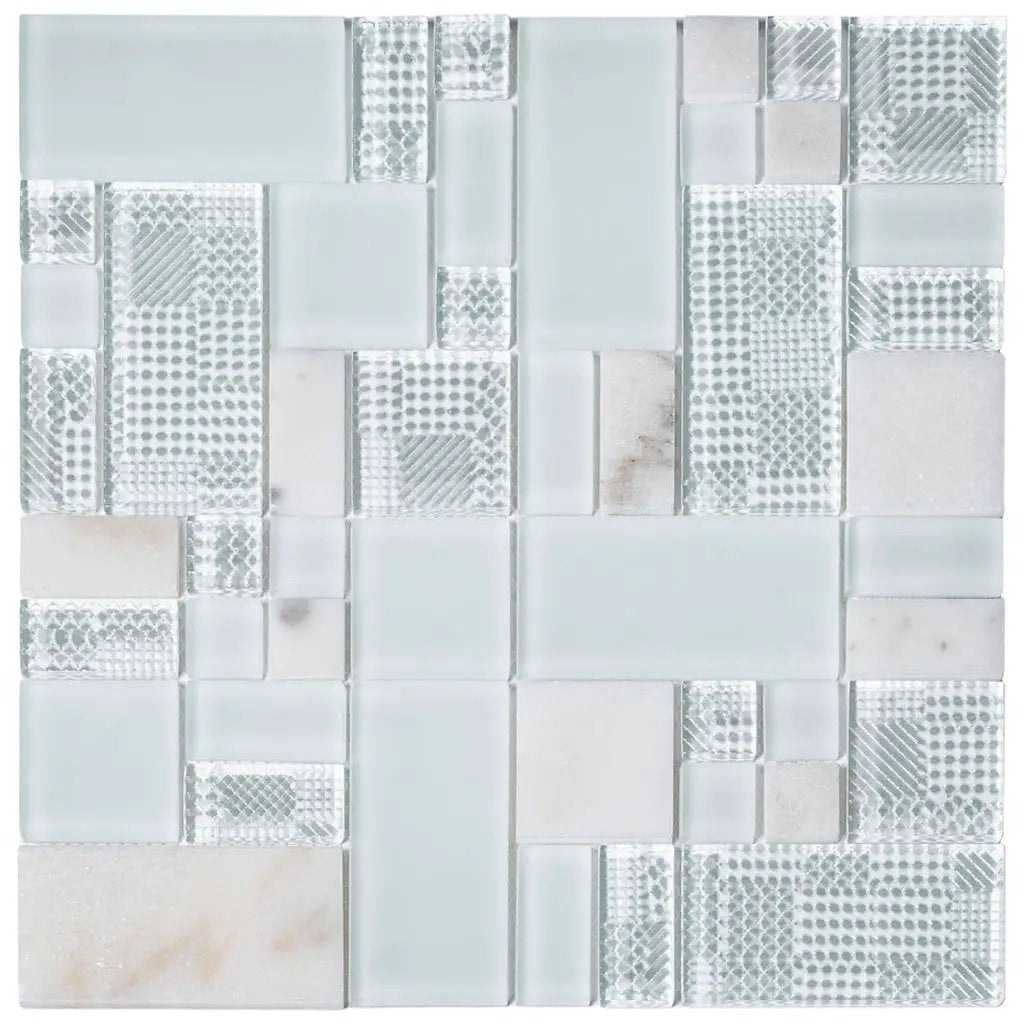 Pearl White 12x12 Polished Matte Textured Versailles Glass Stone Mosaic Tile (5 pack, 4.75 sq ft/case) by Apollo Tile