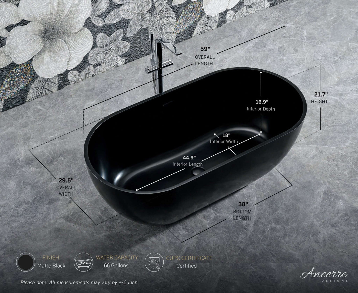 Cascade 59” Freestanding Solid Surface Bathtub by Ancerre Designs