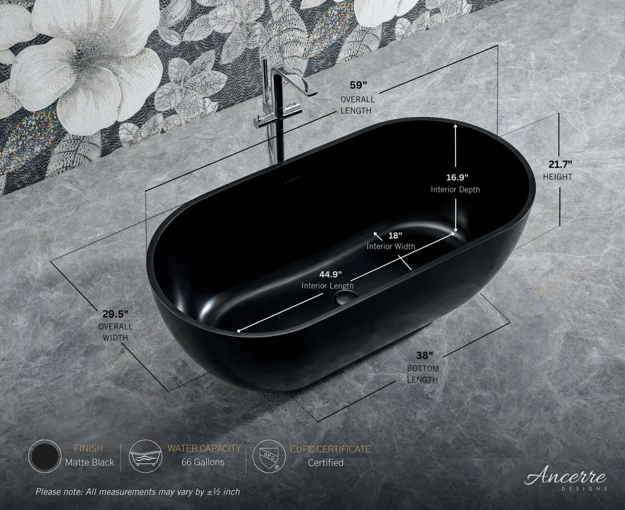 Cascade 59” Freestanding Solid Surface Bathtub by Ancerre Designs