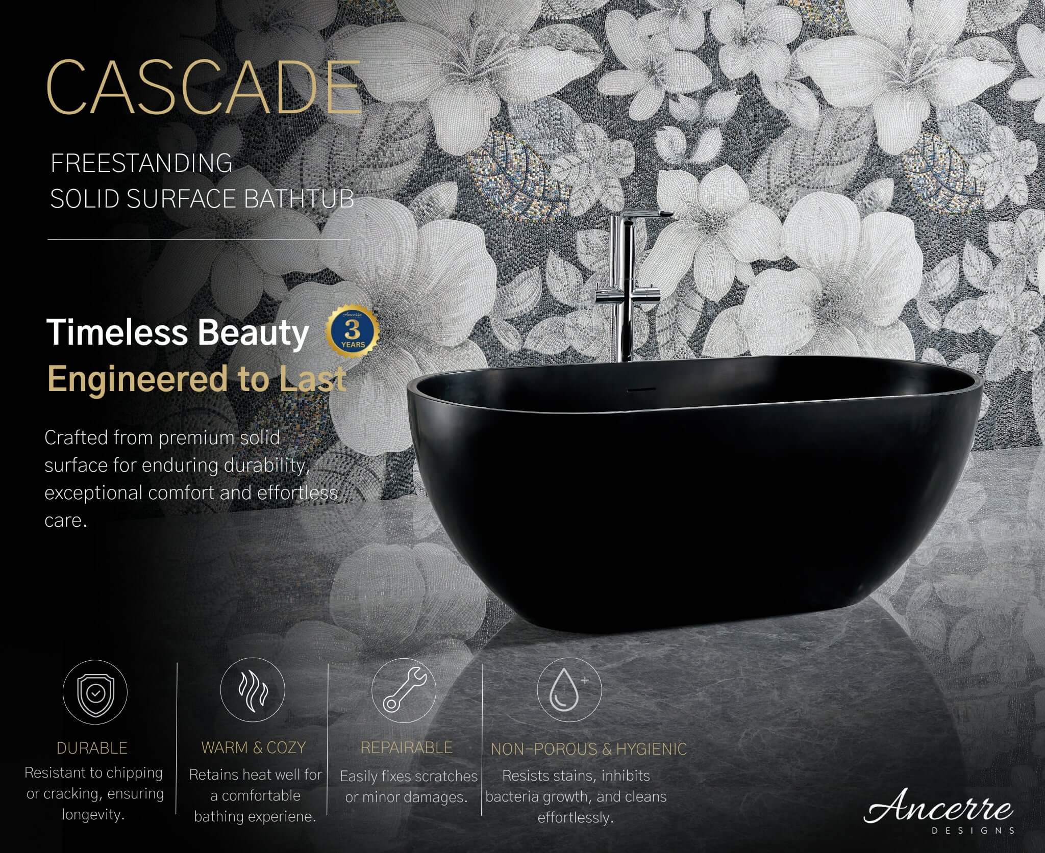 Cascade 59” Freestanding Solid Surface Bathtub by Ancerre Designs
