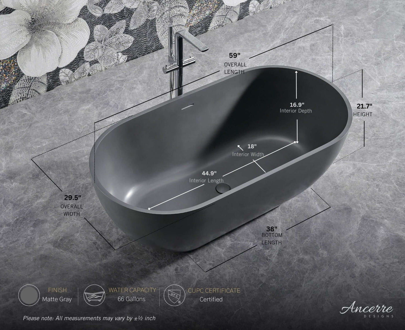 Cascade 59” Freestanding Solid Surface Bathtub by Ancerre Designs