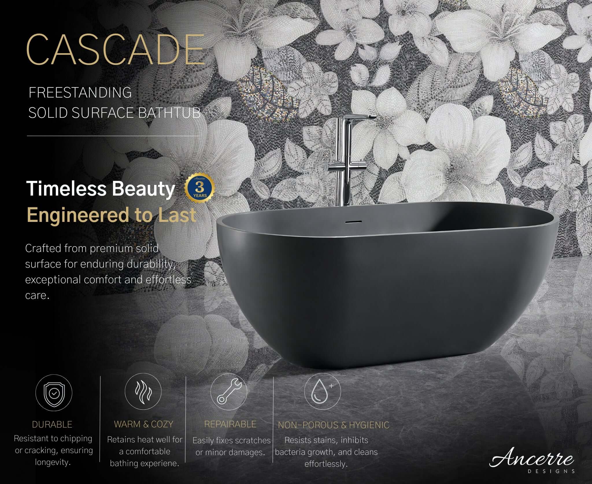 Cascade 59” Freestanding Solid Surface Bathtub by Ancerre Designs