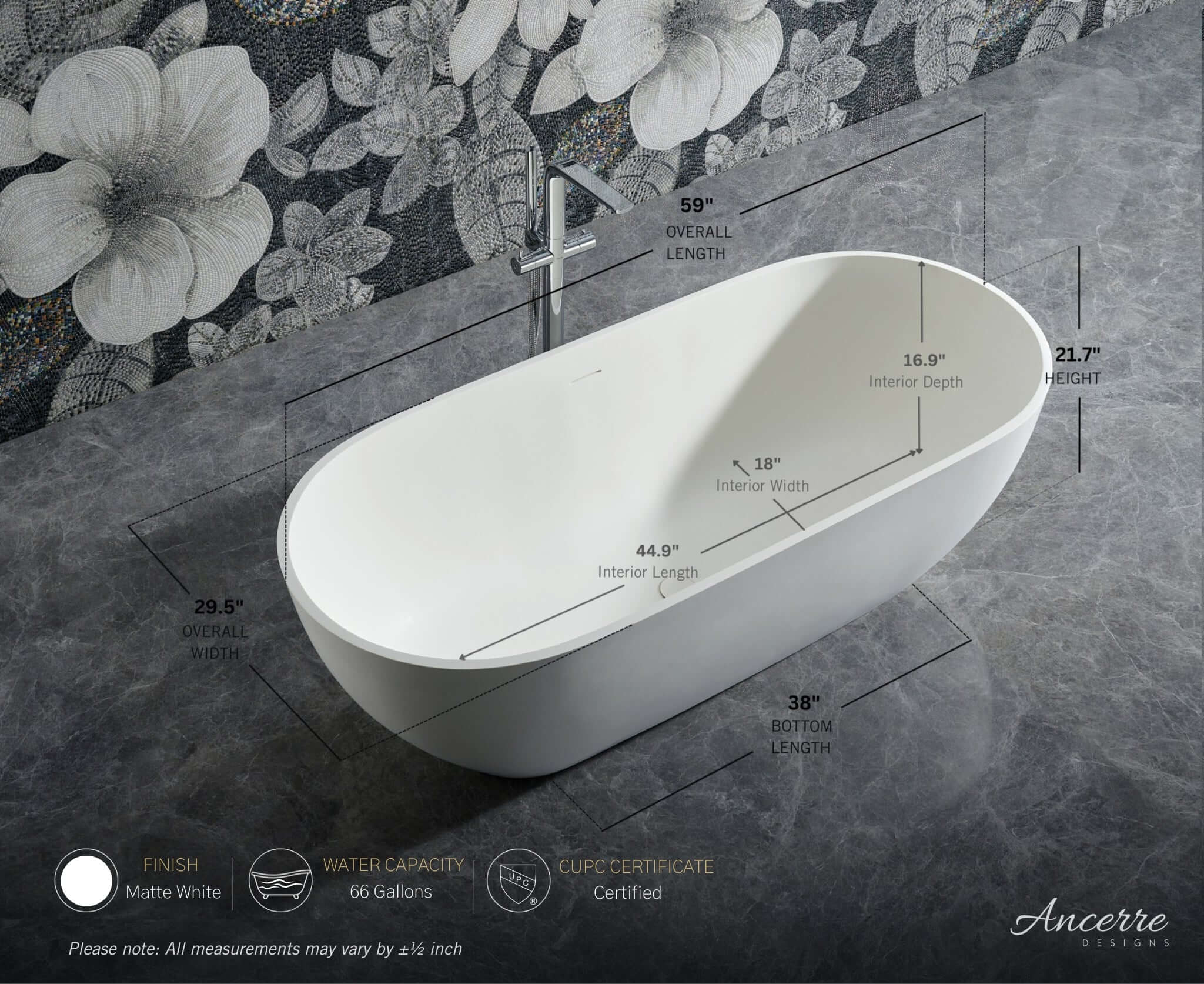 Cascade 59” Freestanding Solid Surface Bathtub by Ancerre Designs