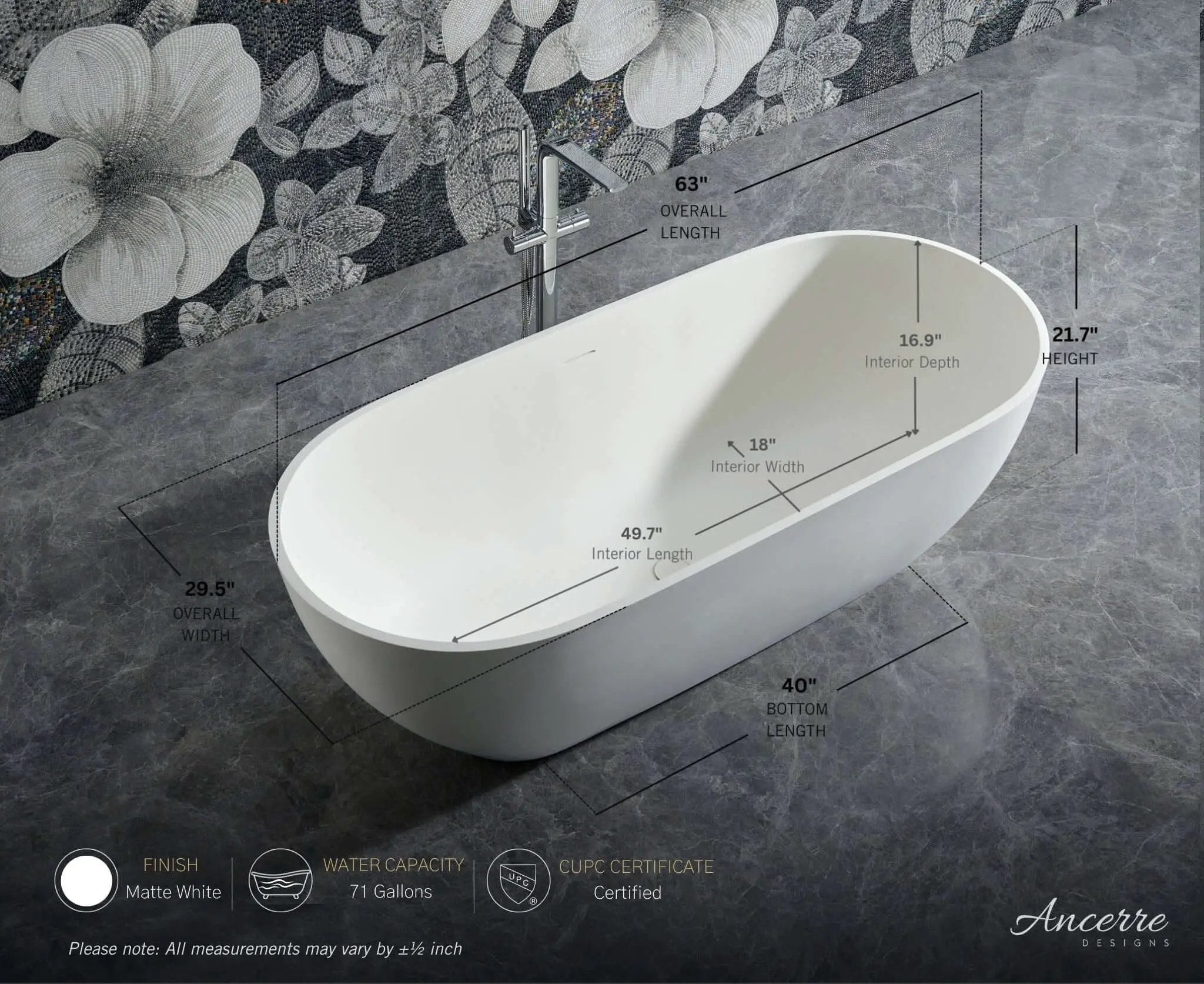 Cascade 63” Freestanding Solid Surface Bathtub by Ancerre Designs