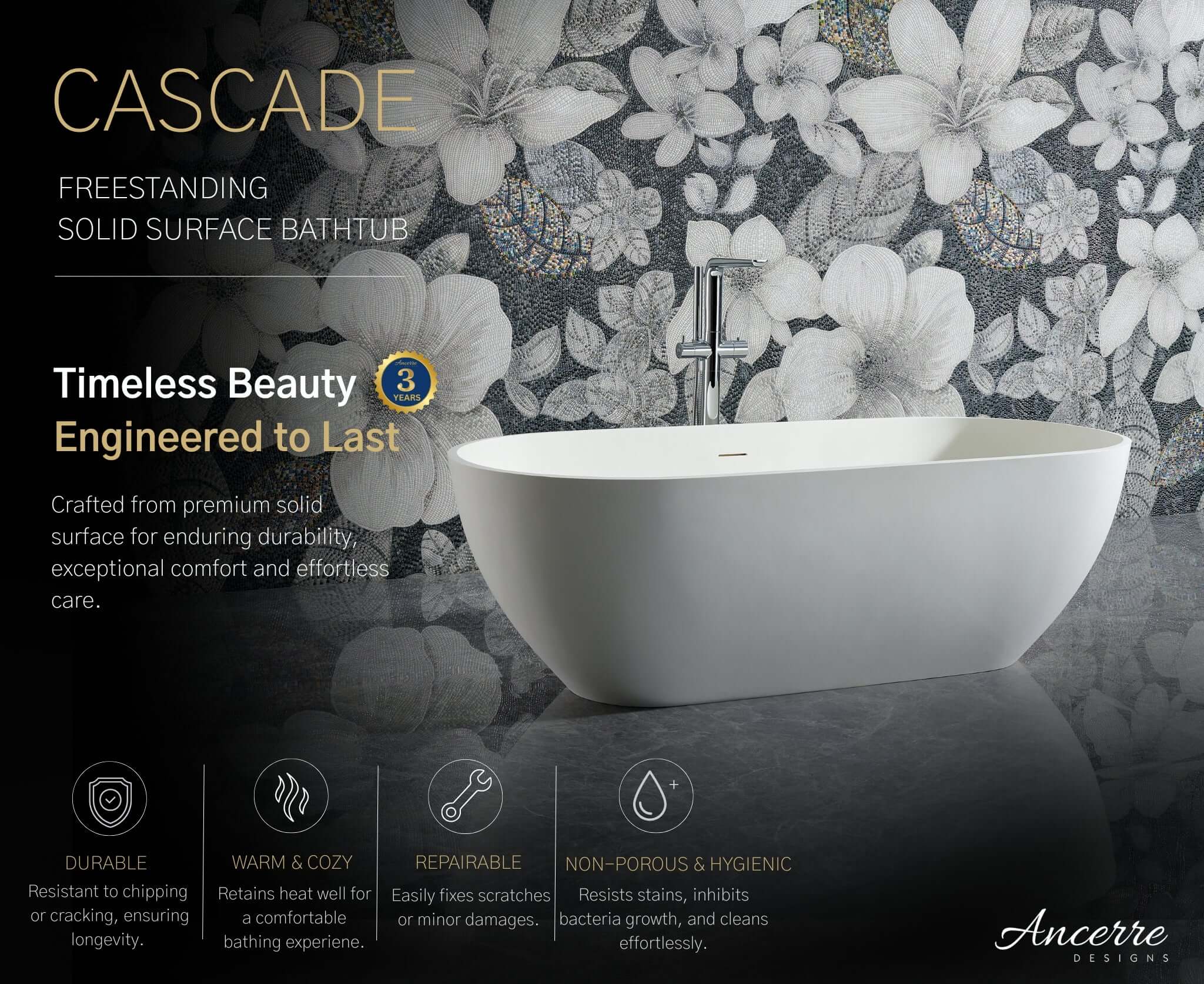 Cascade 59” Freestanding Solid Surface Bathtub by Ancerre Designs