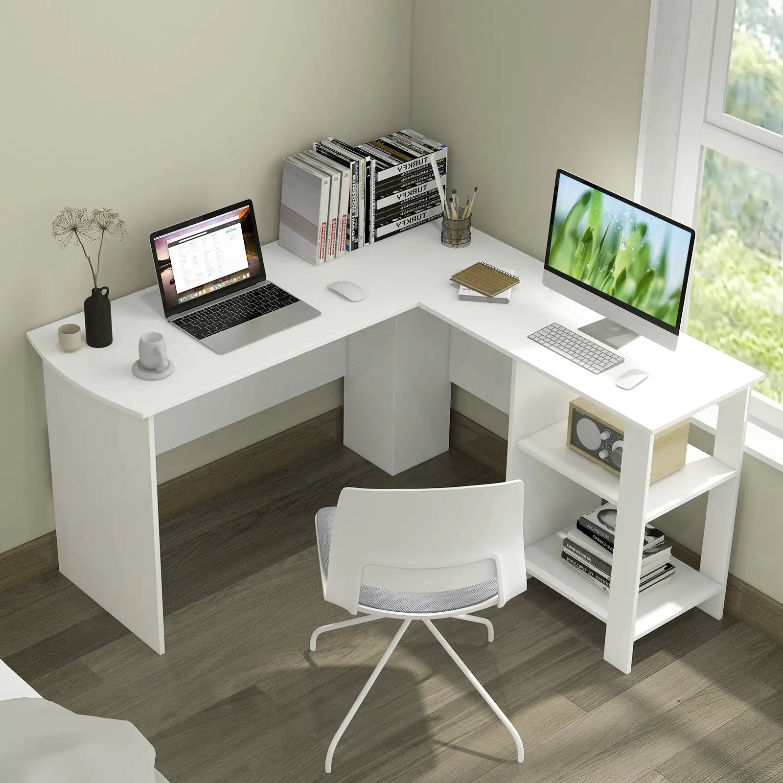 Large Modern L-shaped Computer Desk with 2 Cable Holes and 2 Storage Shelves-White by DirectDeals