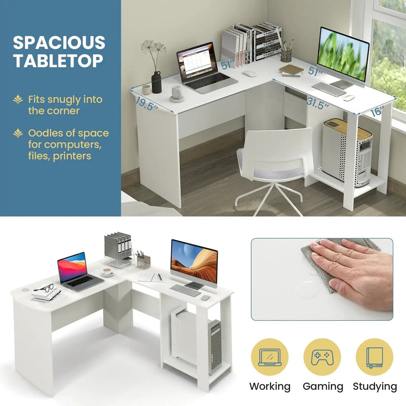 Large Modern L-shaped Computer Desk with 2 Cable Holes and 2 Storage Shelves-White by DirectDeals