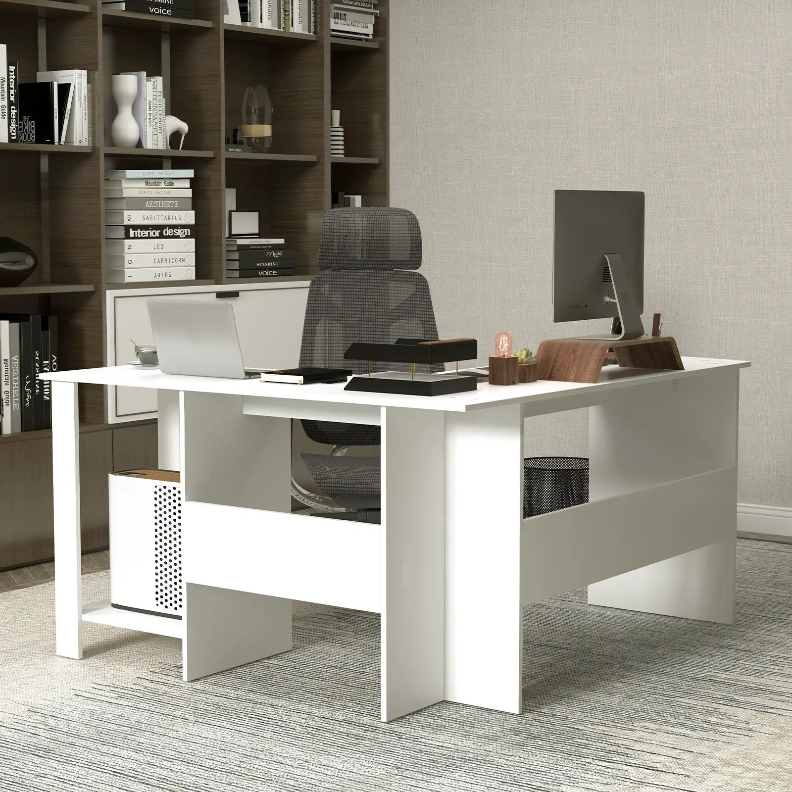 Large Modern L-shaped Computer Desk with 2 Cable Holes and 2 Storage Shelves-White by DirectDeals