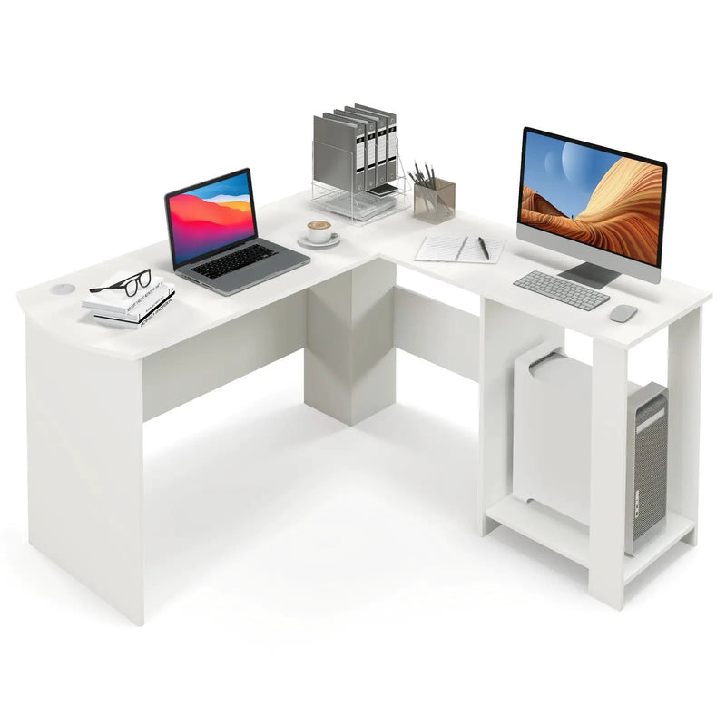 Large Modern L-shaped Computer Desk with 2 Cable Holes and 2 Storage Shelves-White by DirectDeals