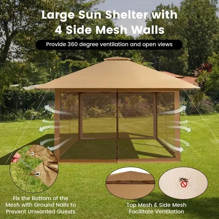 Brown 13 x 13 Ft Pop-Up Gazebo Outdoor Canopy w/ Mesh Mosquito Netting Sidewalls by HomePacific