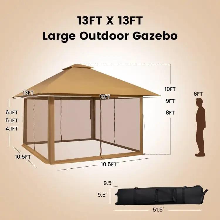 Brown 13 x 13 Ft Pop-Up Gazebo Outdoor Canopy w/ Mesh Mosquito Netting Sidewalls by HomePacific