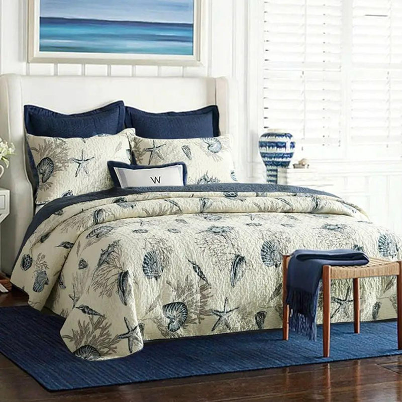 Queen size 100-Percent Cotton 3-Piece Bedspread Quilt Set Ocean Beach Sea Shells Marine Starfish by HomePacific