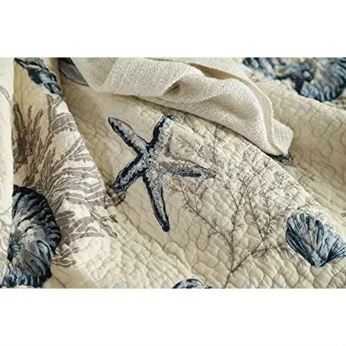 Queen size 100-Percent Cotton 3-Piece Bedspread Quilt Set Ocean Beach Sea Shells Marine Starfish by HomePacific
