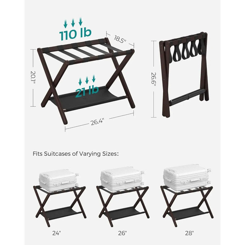 Sturdy Bamboo Luggage Rack in Chestnut Brown Wood Finish with Lower Shelf by HomePacific