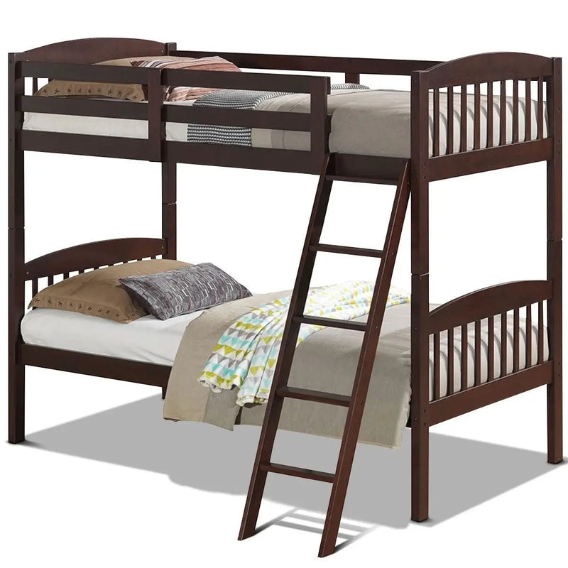 Twin over Twin Wooden Bunk Bed with Ladder in Dark Brown Finish by HomePacific