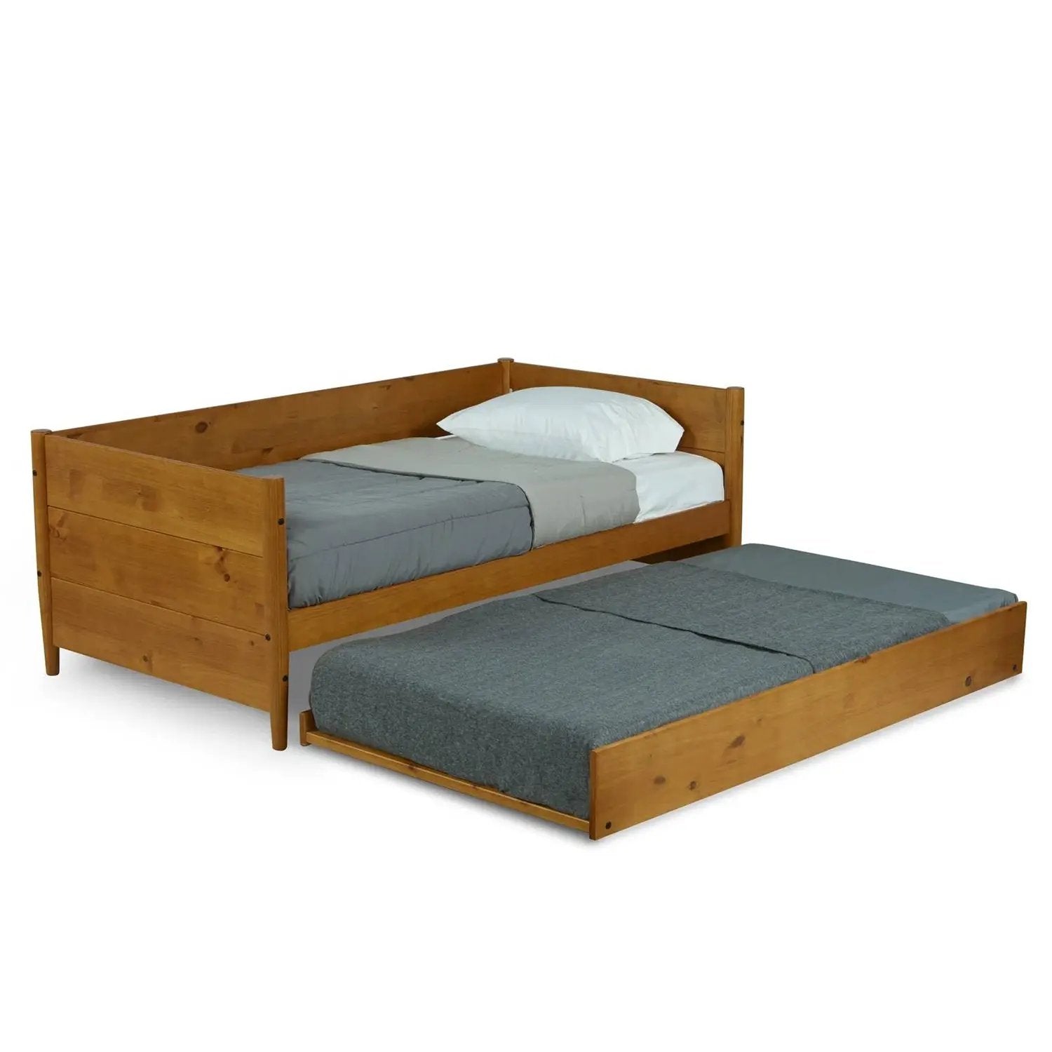 Twin size Solid Wood Daybed with Roll Out Trundle Bed Frame in Medium Brown by HomePacific