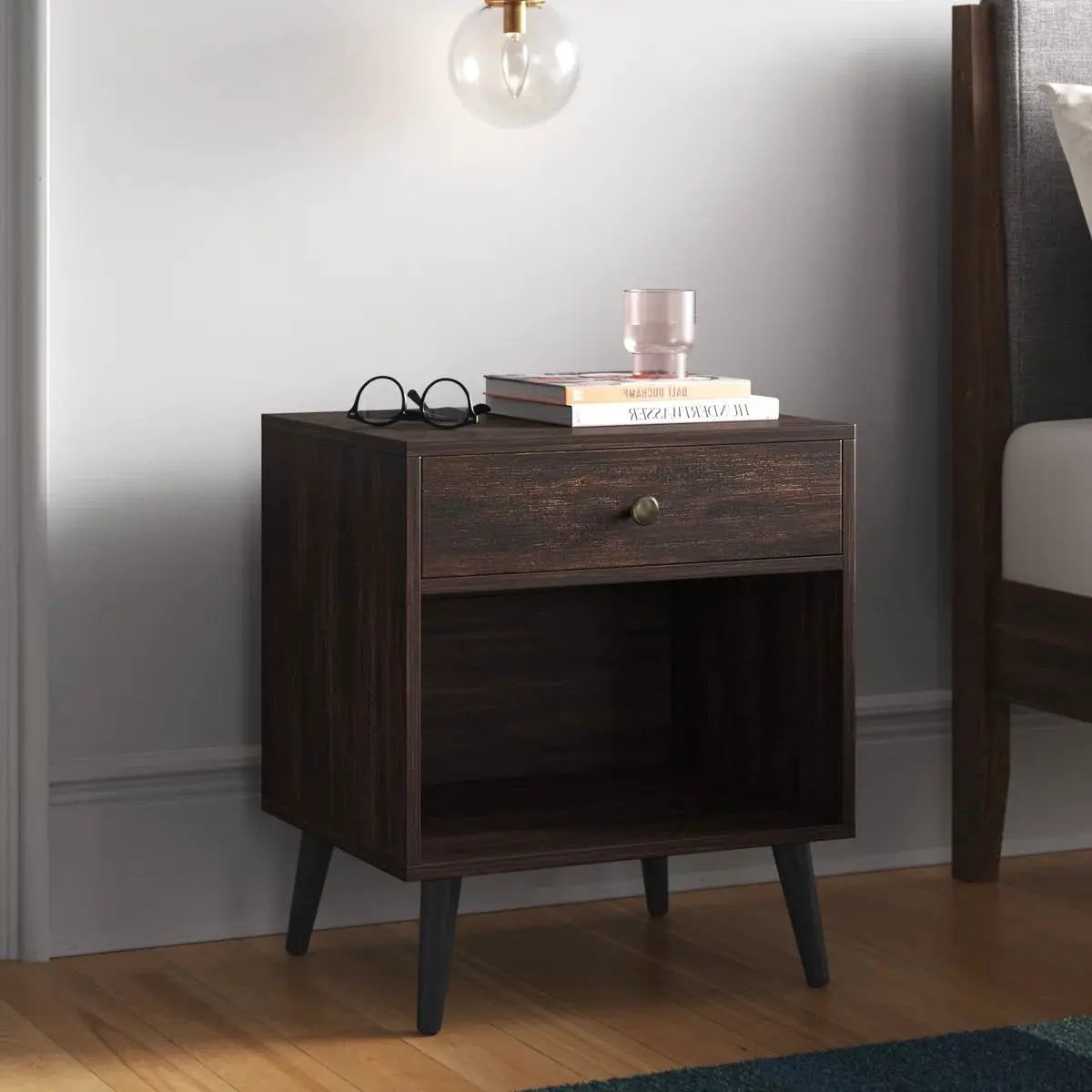 Mid-Century Modern 1-Drawer Nightstand End Table in Dark Brown Wood Finish by HomePacific