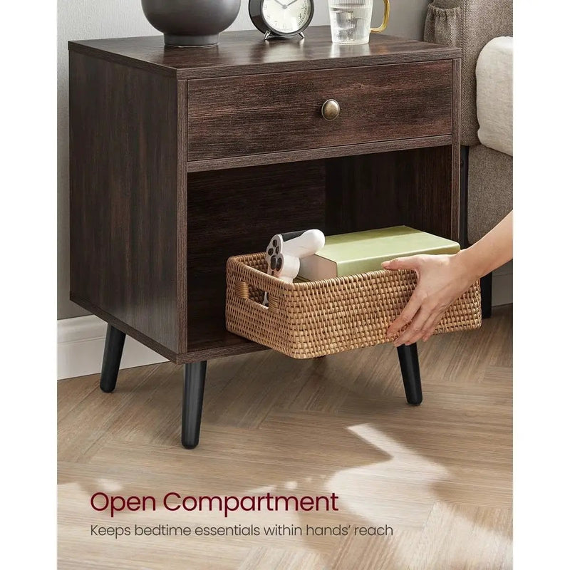 Mid-Century Modern 1-Drawer Nightstand End Table in Dark Brown Wood Finish by HomePacific