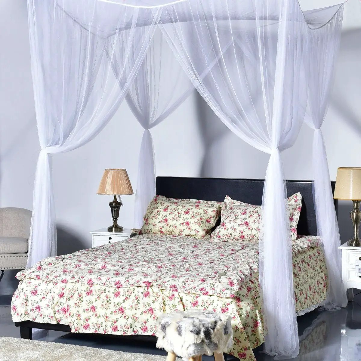 White 4-Post Bed Princess Canopy Net Mosquito Netting for Full or Queen size Beds by HomePacific