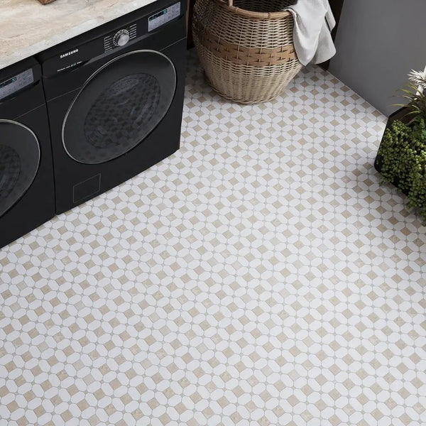 Naples White Beige 12x12 Polished Thassos Octagon & Crema Marfil Square Marble Mosaic Tile (5 pack, 5.17 sq ft/case)