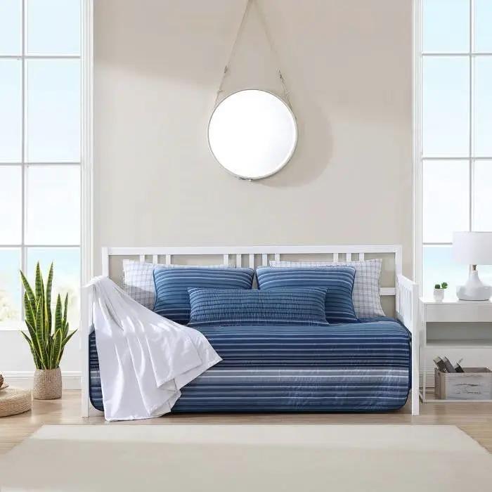 4 Piece Coastal Blue Navy White Stripes Cotton Daybed Cover Bedding Set by HomePacific
